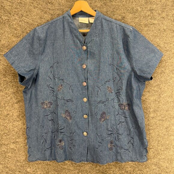 Blair Boutique Button Up Top Women XL Blue Denim Medium Wash Butterfly Print - Picture 1 of 6